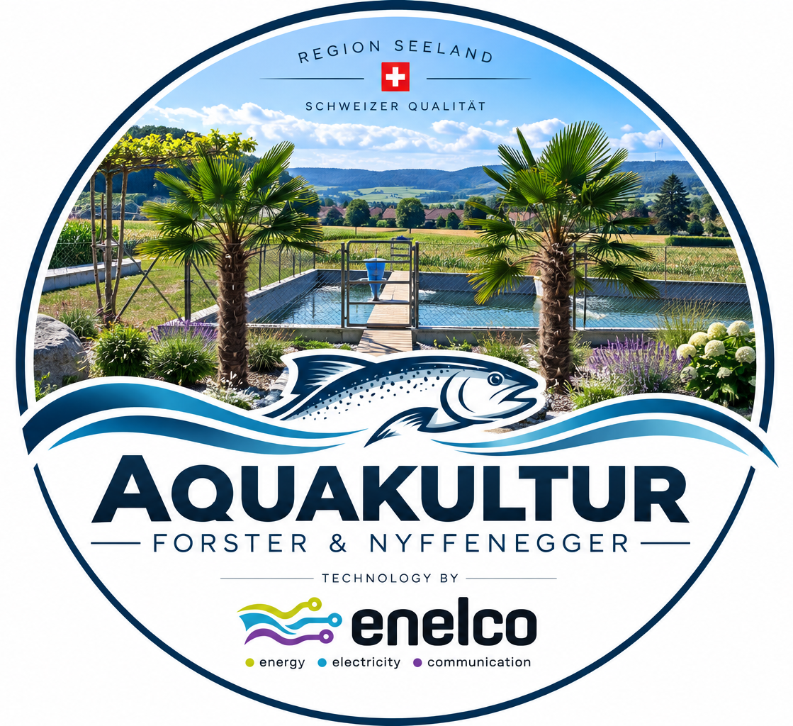 Logo Aquakultur Forster & Nyffenegger mit Seeland-Motiv und Technology by Enelco
